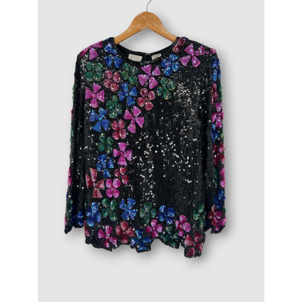 80s Vintage Black Sequin Floral Silk Top Sequined Party Blouse Size Medium